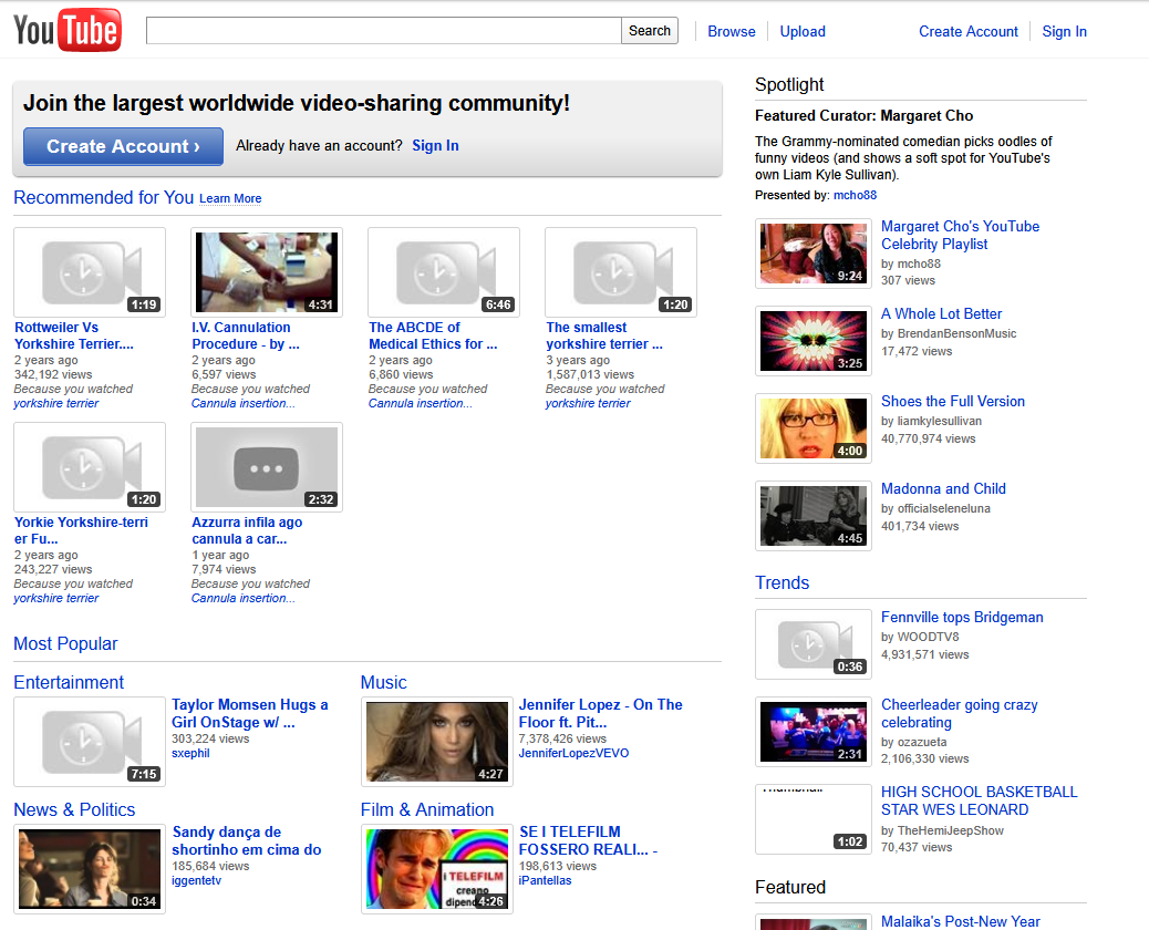 Internet Archive screenshot of the YouTube homepage in 2011